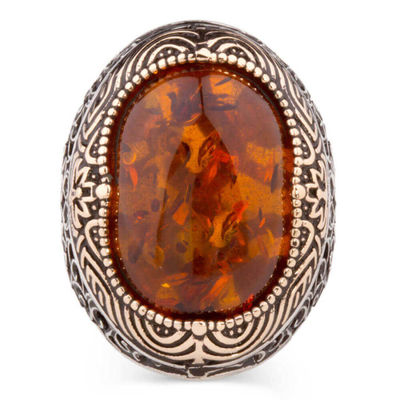 Sterling Silver Mens Ring with Large Synthetic Amber Stone - 3