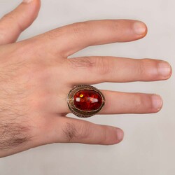 Sterling Silver Mens Ring with Large Synthetic Amber Stone - 5