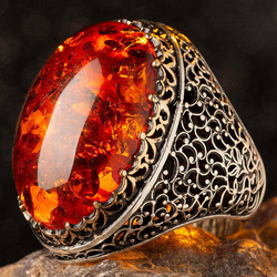 Sterling Silver Mens Ring with Large Synthetic Red Amber Stone - 1