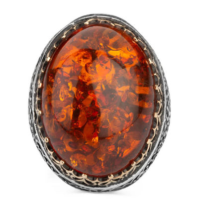 Sterling Silver Mens Ring with Large Synthetic Red Amber Stone - 3