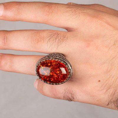 Sterling Silver Mens Ring with Large Synthetic Red Amber Stone - 4
