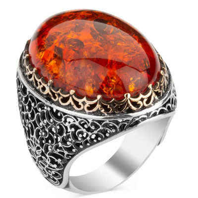 Sterling Silver Mens Ring with Large Synthetic Red Amber Stone - 2
