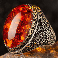 Sterling Silver Mens Ring with Large Synthetic Red Amber Stone - 5
