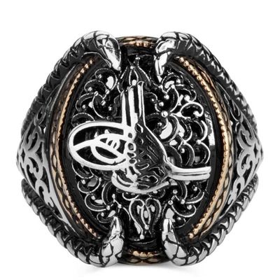 Sterling Silver Mens Ring with Ottoman Tughra and Talon Design - 2