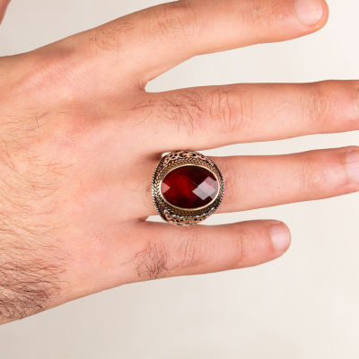 Sterling Silver Mens Ring with Red Zircon Stonework - 4