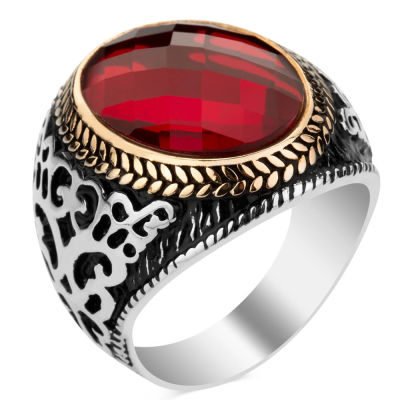 Sterling Silver Mens Ring with Red Zircon Stonework - 1