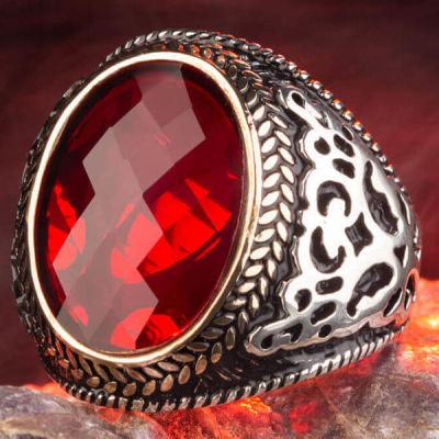 Sterling Silver Mens Ring with Red Zircon Stonework - 5