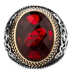 Sterling Silver Mens Ring with Red Zircon Stonework - 2