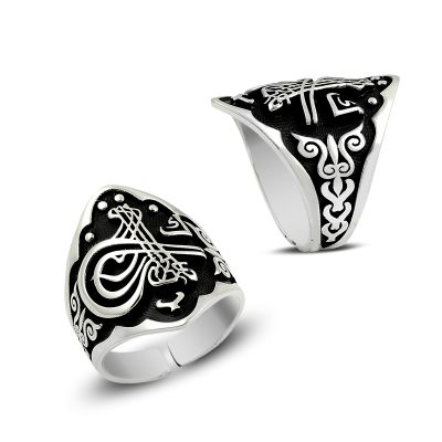 Sterling Silver Mens Thumb Ring with Ottoman Tughra Motif - 1