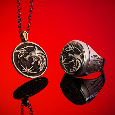 Sterling Silver Mens Witcher Combination Ring and Necklace - 6