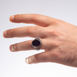 Sterling Silver Ornamented Mens Ring with Black Oval Onyx Stone - 5