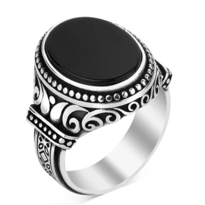 Sterling Silver Ornamented Mens Ring with Black Oval Onyx Stone - 2