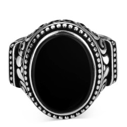 Sterling Silver Ornamented Mens Ring with Black Oval Onyx Stone - 3