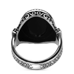 Sterling Silver Ornamented Mens Ring with Black Oval Onyx Stone - 4
