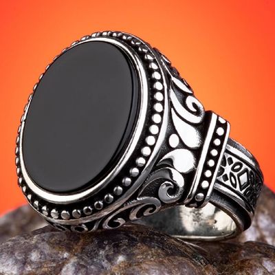 Sterling Silver Ornamented Mens Ring with Black Oval Onyx Stone - 1