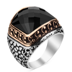 Sterling Silver Ornamented Mens Ring with Black Zircon Stone - 1