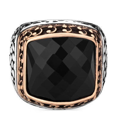 Sterling Silver Ornamented Mens Ring with Black Zircon Stone - 2