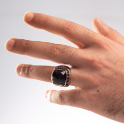 Sterling Silver Ornamented Mens Ring with Black Zircon Stone - 4
