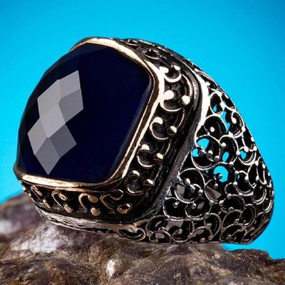 Sterling Silver Ornamented Mens Ring with Blue Zircon Stone - 5