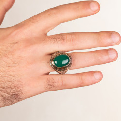 Sterling Silver Ornamented Mens Ring with Green Agate Stone - 4