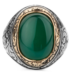 Sterling Silver Ornamented Mens Ring with Green Agate Stone - 2