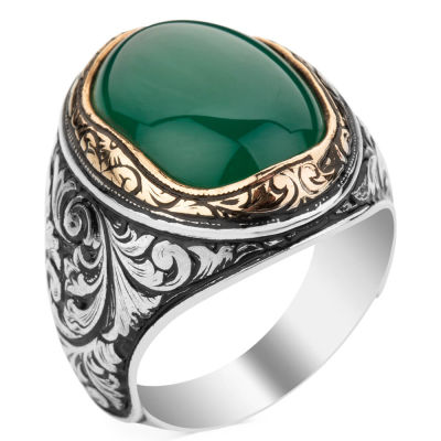 Sterling Silver Ornamented Mens Ring with Green Agate Stone - 1
