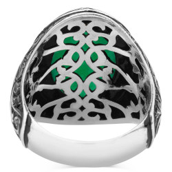 Sterling Silver Ornamented Mens Ring with Green Agate Stone - 3