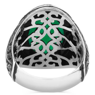 Sterling Silver Ornamented Mens Ring with Green Agate Stone - 3