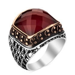 Sterling Silver Ornamented Mens Ring with Red Zircon Stone 