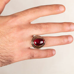 Sterling Silver Ornamented Mens Ring with Ruby - 4