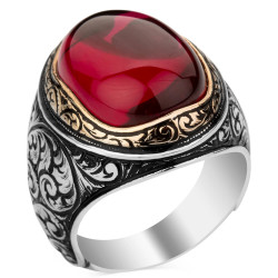 Sterling Silver Ornamented Mens Ring with Ruby - 1