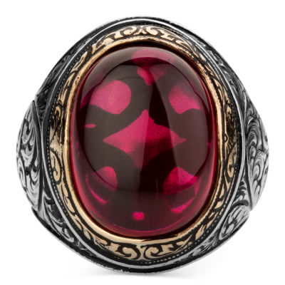 Sterling Silver Ornamented Mens Ring with Ruby - 2