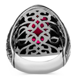 Sterling Silver Ornamented Mens Ring with Ruby - 3