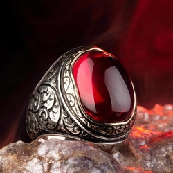 Sterling Silver Ornamented Mens Ring with Ruby - 5