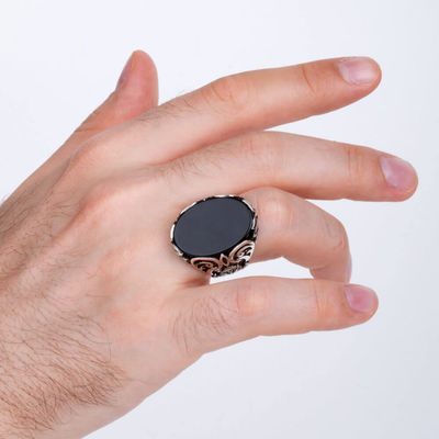 Sterling Silver Ottoman Crest Mens Ring with Onyx Stone - 4