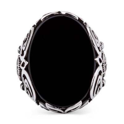 Sterling Silver Ottoman Crest Mens Ring with Onyx Stone - 2