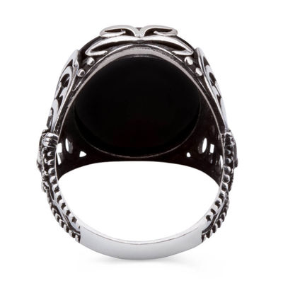 Sterling Silver Ottoman Crest Mens Ring with Onyx Stone - 3
