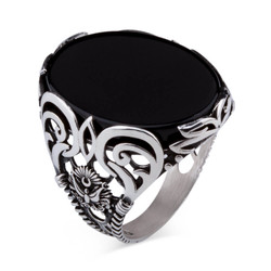 Sterling Silver Ottoman Crest Mens Ring with Onyx Stone - 1