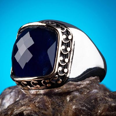 Sterling Silver Plain Mens Ring with Blue Zircon Stone - 5
