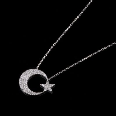 Sterling Silver Plain Womens Necklace with Crescent Star - 3