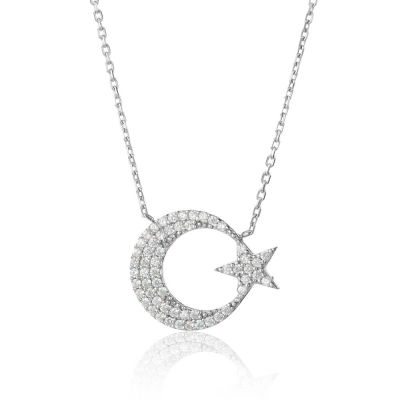 Sterling Silver Plain Womens Necklace with Crescent Star - 1