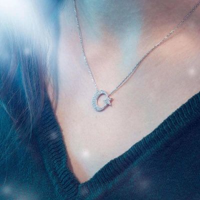 Sterling Silver Plain Womens Necklace with Crescent Star - 4