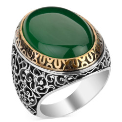 Sterling Silver Symmetrical Mens Ring with Green Agate Stone - 1