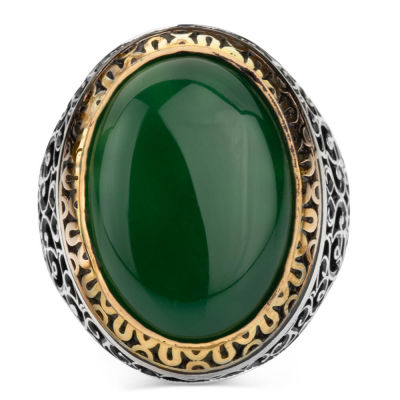 Sterling Silver Symmetrical Mens Ring with Green Agate Stone - 2