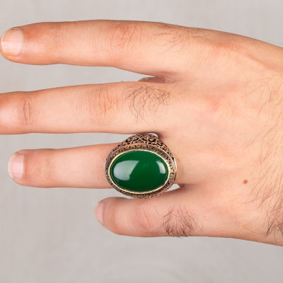 Sterling Silver Symmetrical Mens Ring with Green Agate Stone - 3