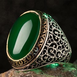 Sterling Silver Symmetrical Mens Ring with Green Agate Stone - 4