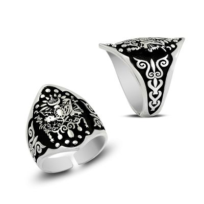 Sterling Silver Thumb Ring with Ottoman Crest Design - 1