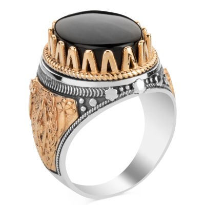 Symmetrical Design Silver Mens Ring with Black Onyx Stone - 2