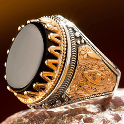 Symmetrical Design Silver Mens Ring with Black Onyx Stone - 1