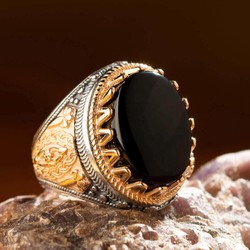 Symmetrical Design Silver Mens Ring with Black Onyx Stone - 6